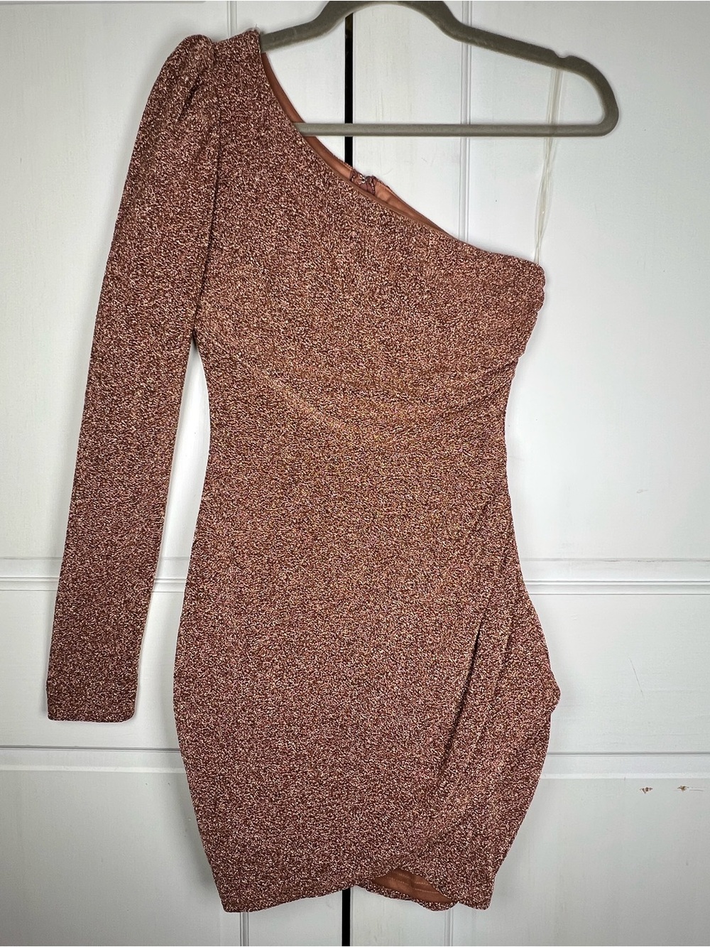 NWT Privvy Rose Gold Glitter One Shoulder Mini Dress Lined Stretchy Size Small - Picture 2 of 8